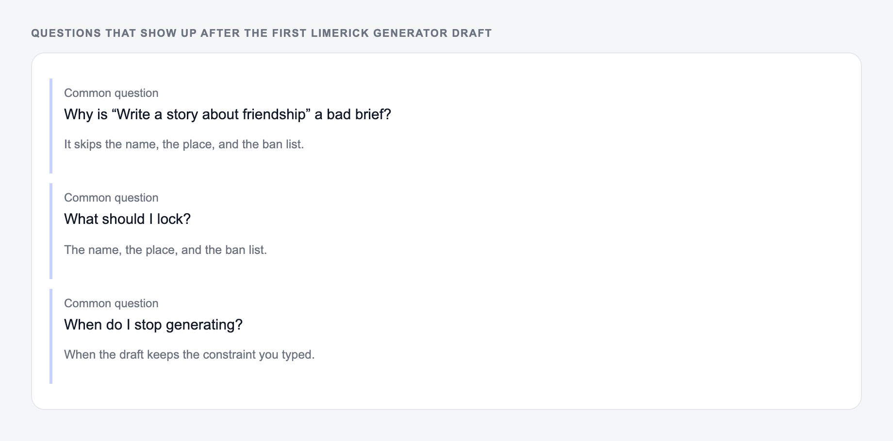 Screenshot of three common questions people ask after generating with the Limerick Generator, including what to lock (the name, the place, and the ban list) and when to stop