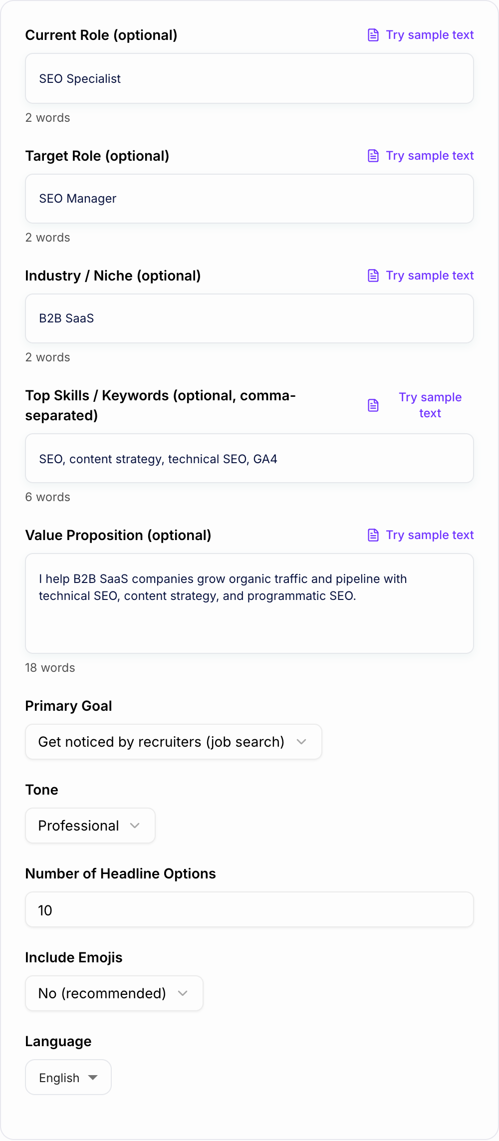 Screenshot of the AI LinkedIn Headline Generator workspace
