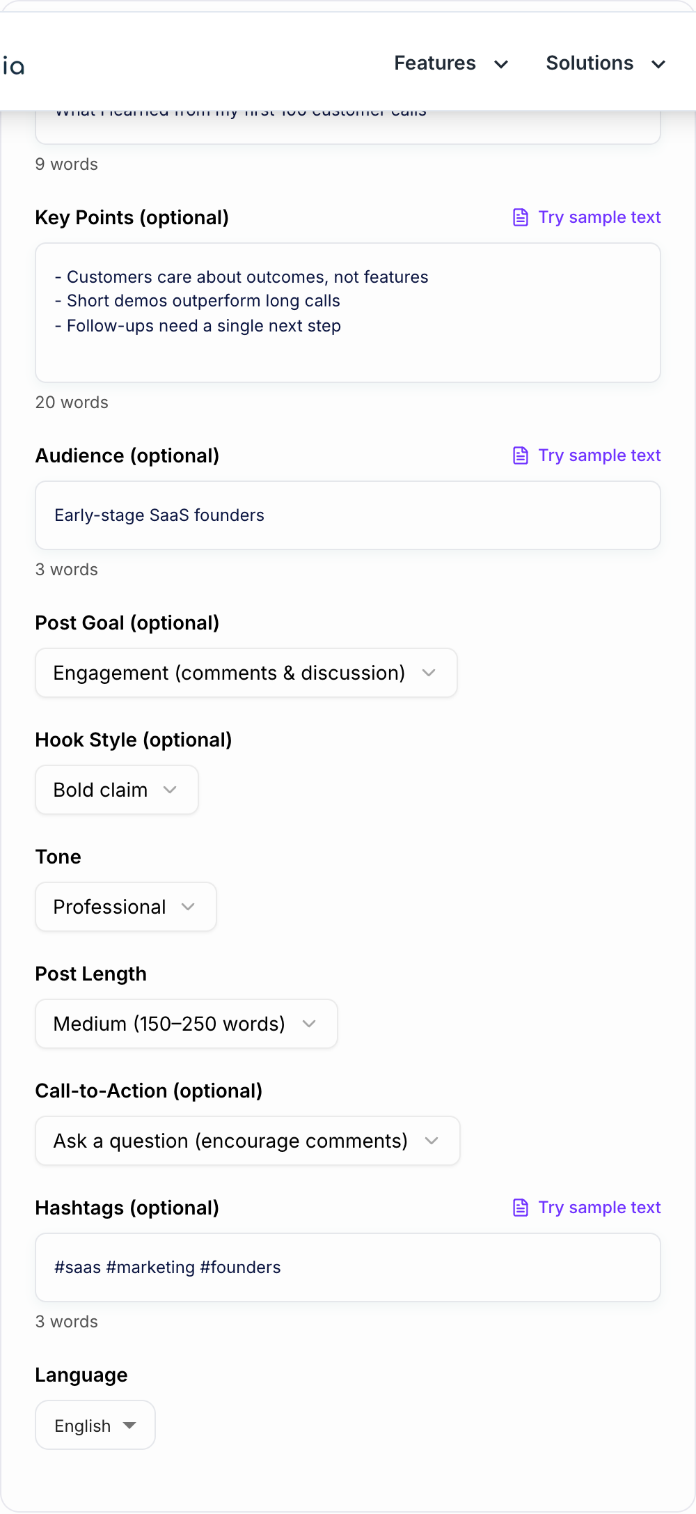Screenshot of the AI LinkedIn Post Generator workspace