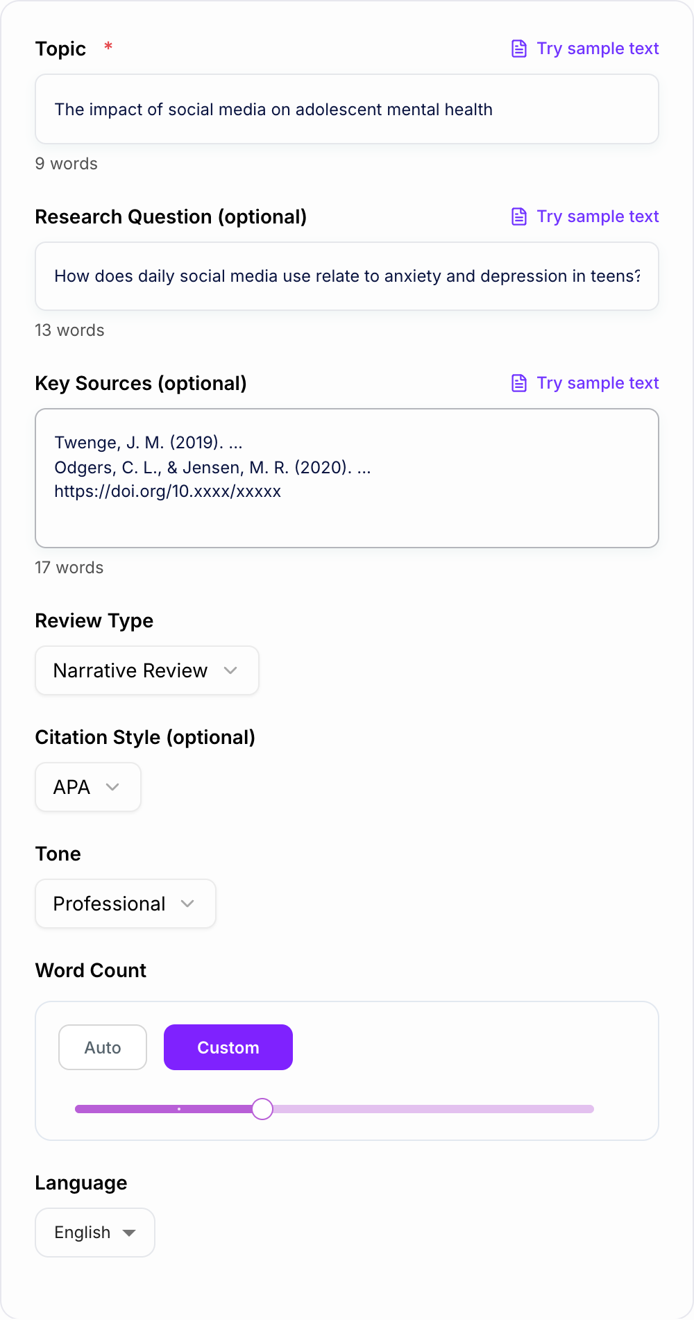 Screenshot of the AI Literature Review Generator workspace