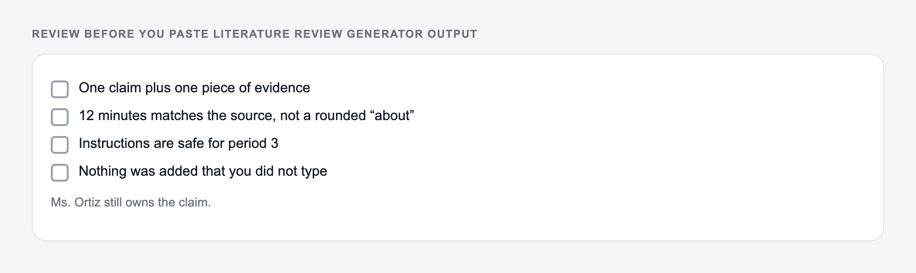 Screenshot of a four-item review checklist for Literature Review Generator output, covering what must stay true and what the draft is not allowed to invent