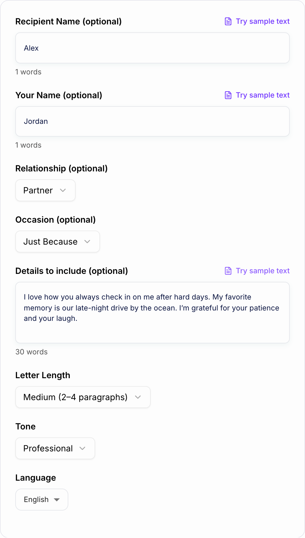 Screenshot of the AI Love Letter Generator form with recipient, shared detail, and tone filled in