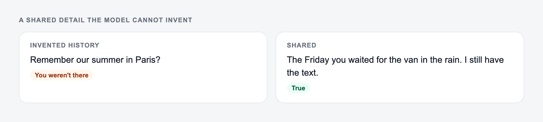 Screenshot from the AI Love Letter Generator showing a love letter that names a shared scene, versus generic forever copy