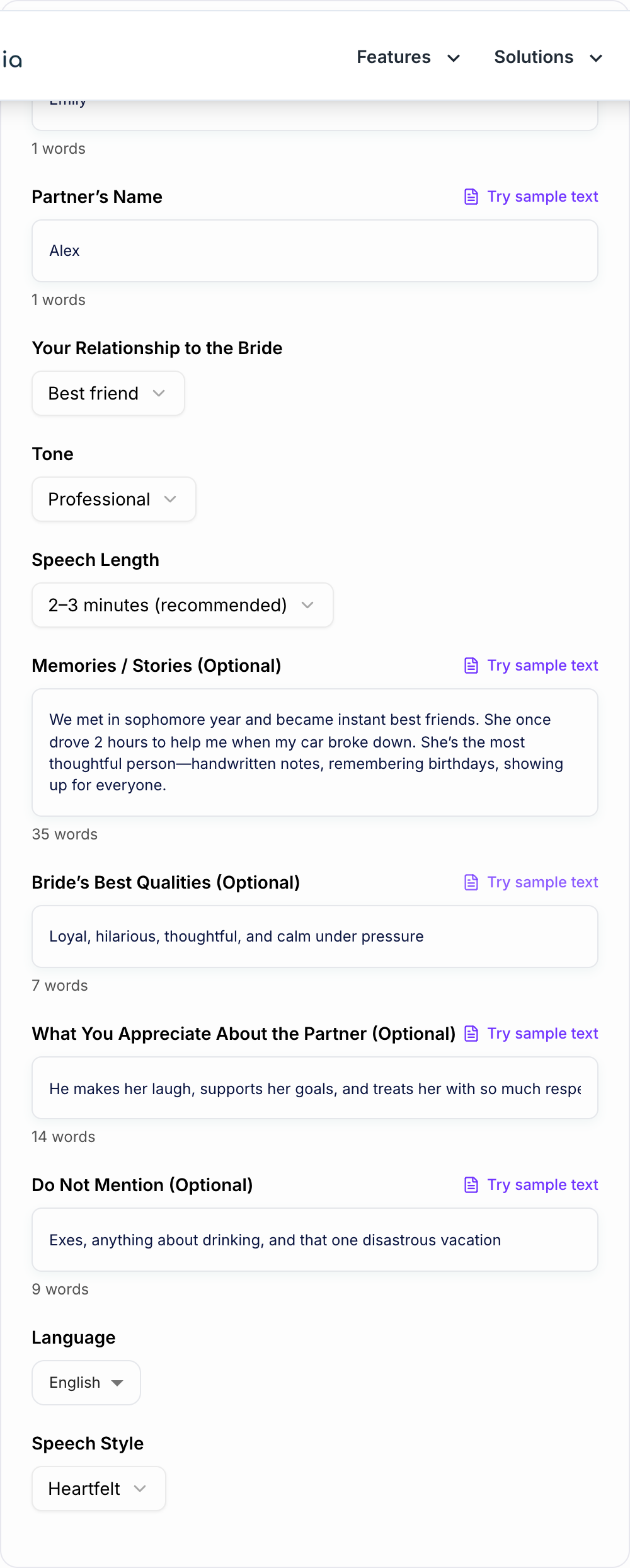 Screenshot of the AI Maid of Honor Speech Generator form with stories, tone, and a time limit filled in