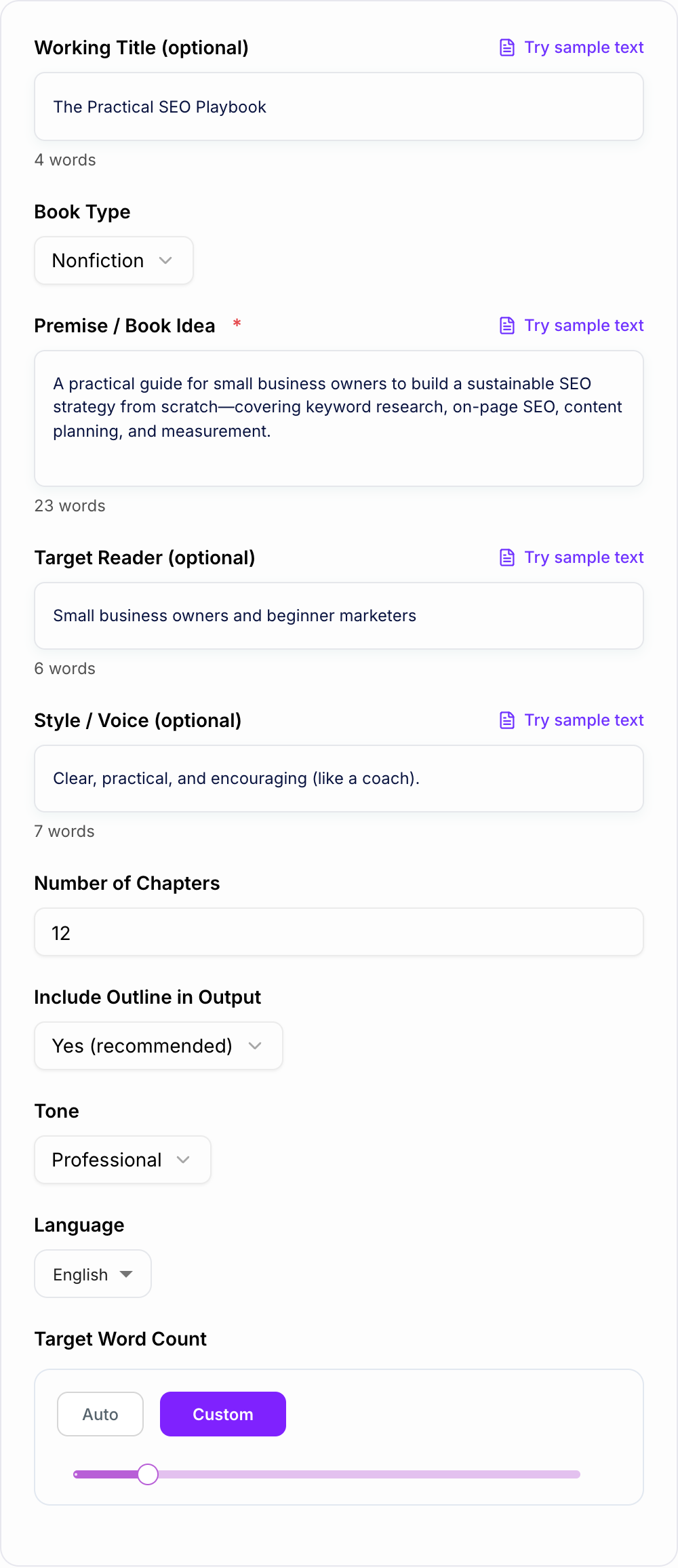 Screenshot of the AI Manuscript Generator form with premise, chapter count, and voice filled in