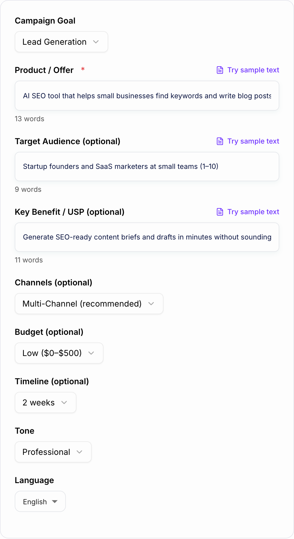 Screenshot of the AI Marketing Campaign Generator form with offer, audience, and channel fields filled in