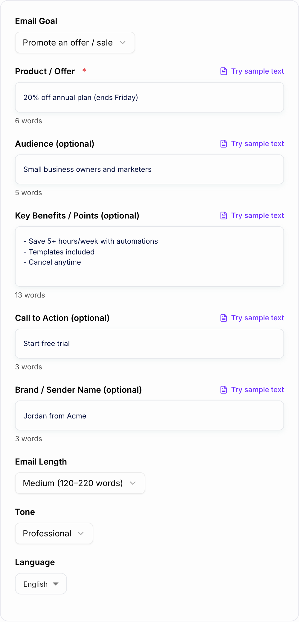 Screenshot of the AI Marketing Email Generator form with offer, audience, and email type filled in