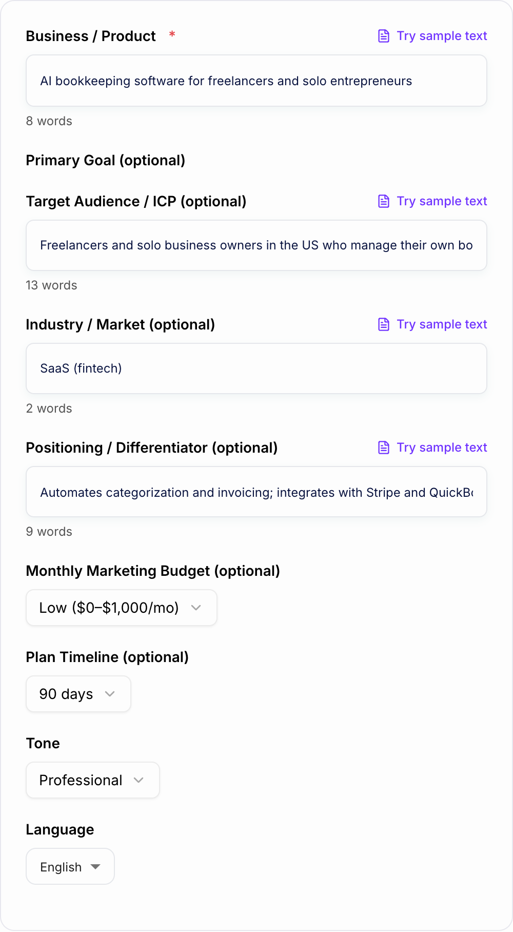 Screenshot of the AI Marketing Plan Generator form with ICP, budget, and timeframe filled in