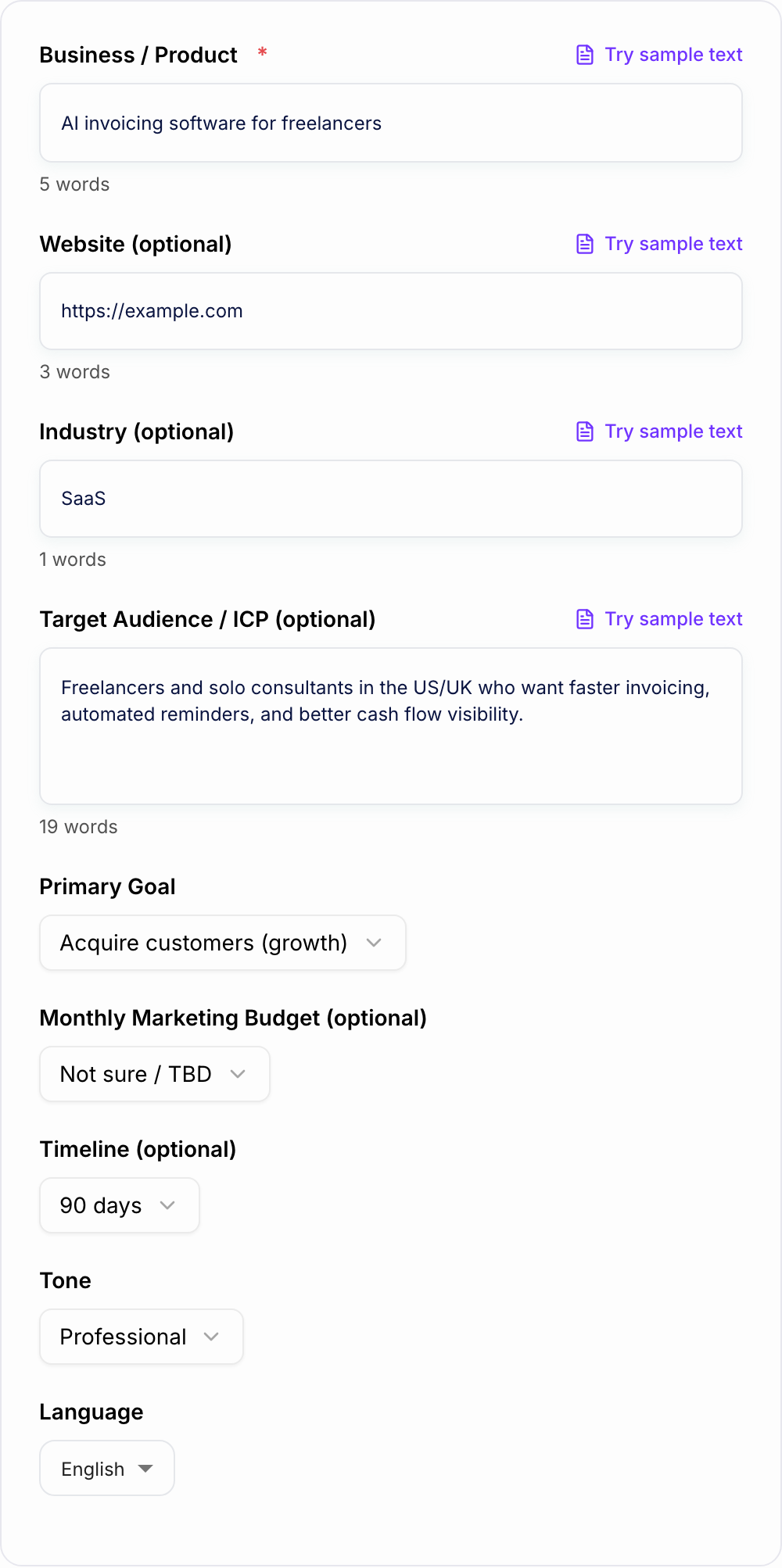 Screenshot of the AI Marketing Strategy Generator form with ICP, budget, and a single-offer brief filled in