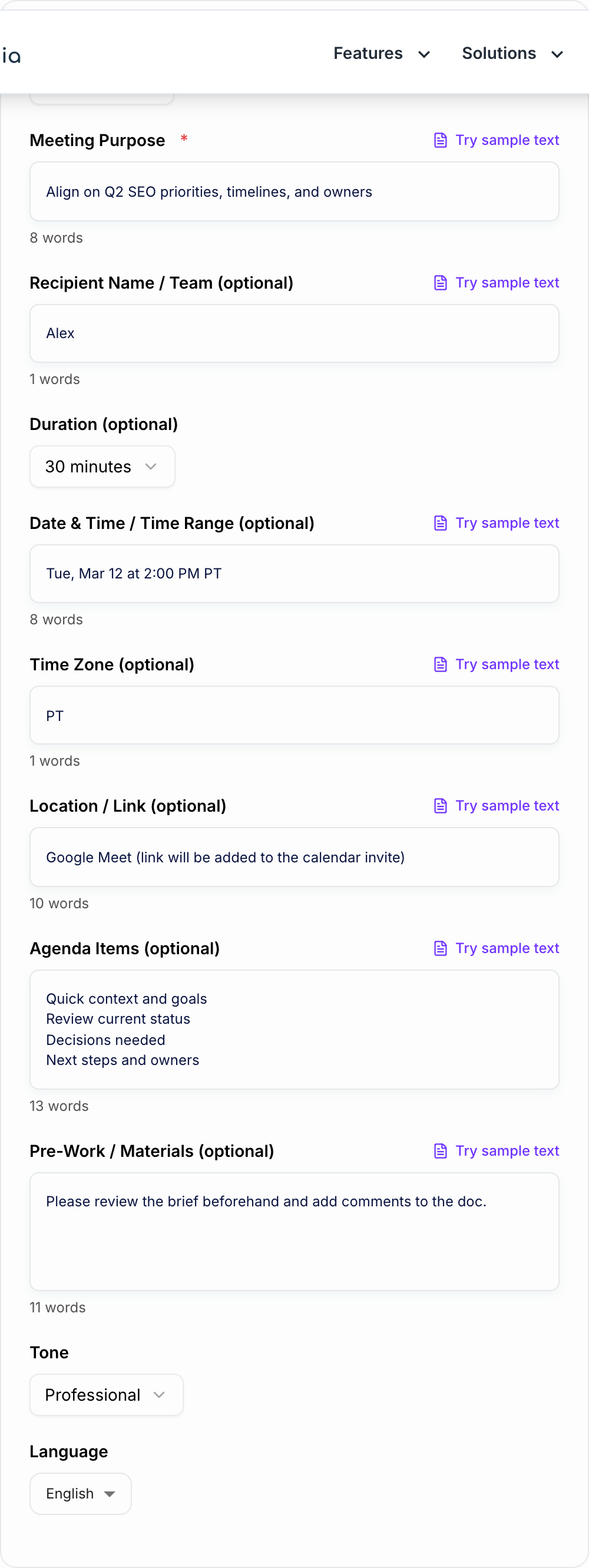 Screenshot of the AI Meeting Invite Generator form with purpose, time, and attendees filled in