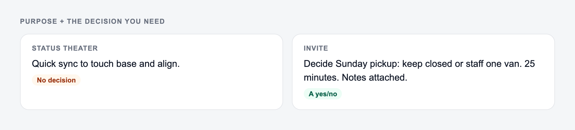Screenshot from the AI Meeting Invite Generator showing a meeting invite that states the decision, versus a sync