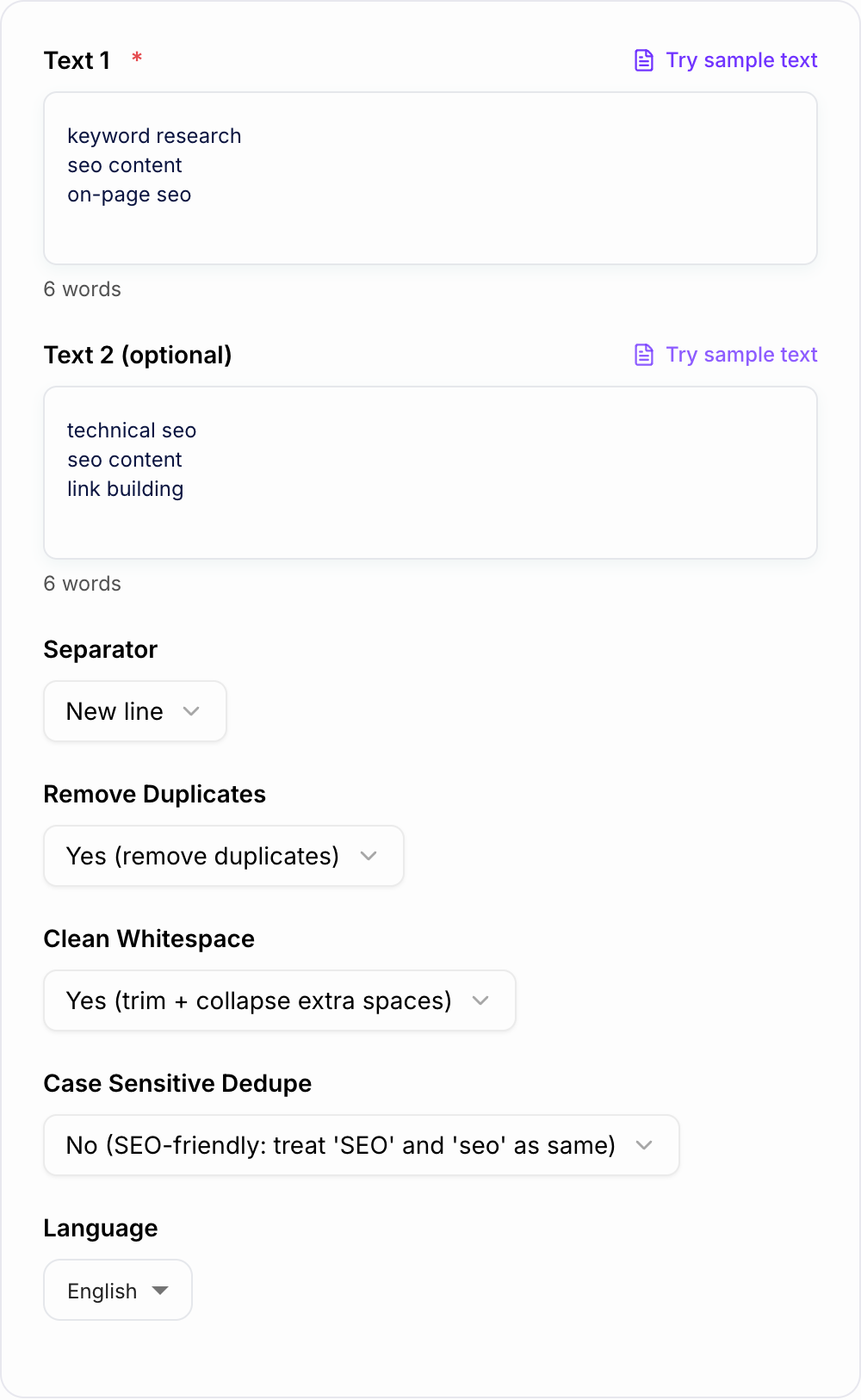 Screenshot of the AI Merge Texts tool form with two lists and a separator setting filled in