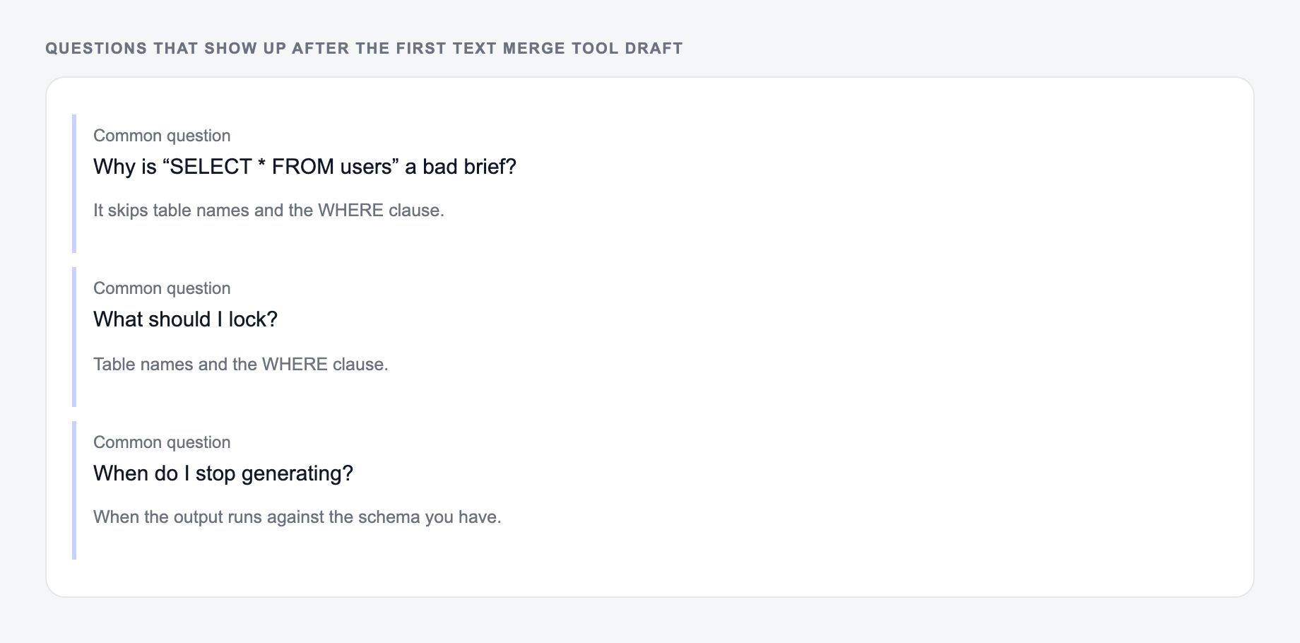 Screenshot of three common questions people ask after generating with the Text Merge Tool, including what to lock (table names and the WHERE clause) and when to stop