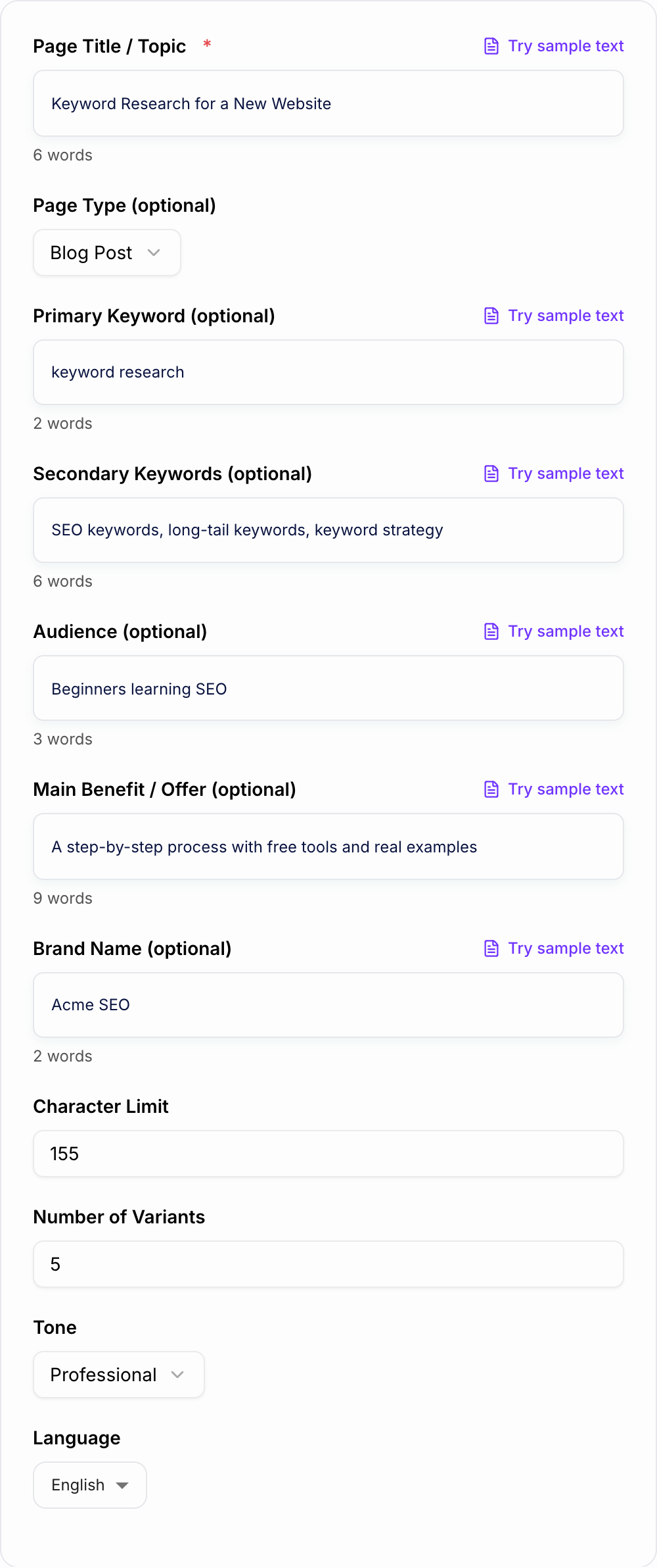 Screenshot of the AI Meta Description Generator form