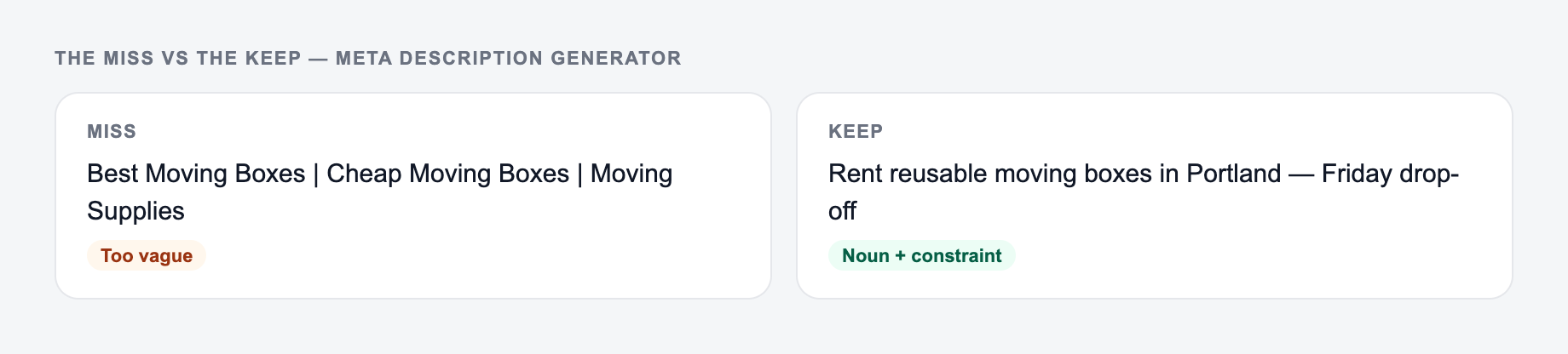 Screenshot comparing a weak Meta Description Generator brief (“Best Moving Boxes | Cheap Moving Boxes | Moving Supplies”) with a stronger one that names reusable moving boxes and the title still works if the last words are cut