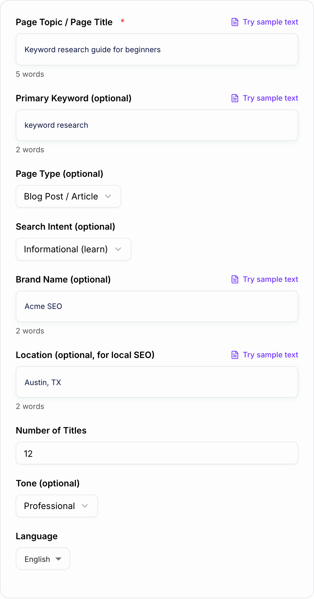 Screenshot of the AI Meta Title Generator form