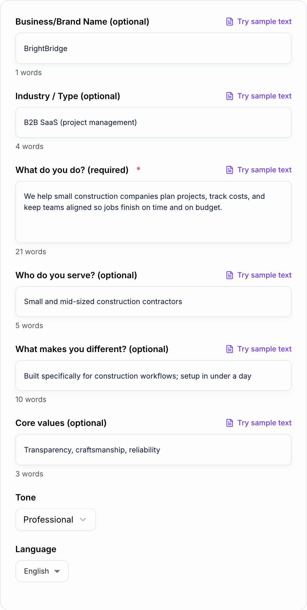 Screenshot of the AI Mission Statement Generator workspace