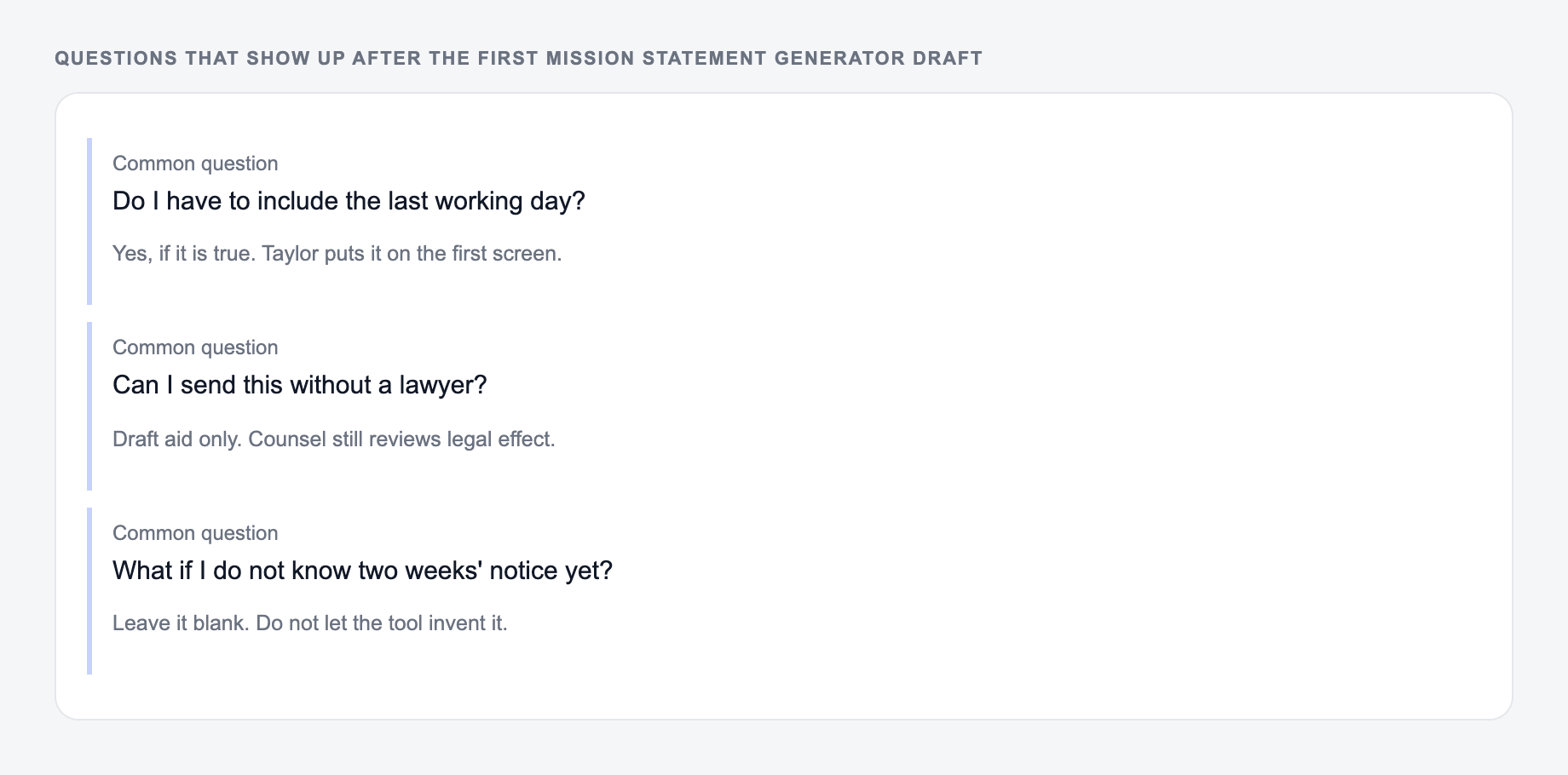 Screenshot of three common questions people ask after generating with the Mission Statement Generator, including what to lock (March 15, 2026 and the manager's name) and when to stop