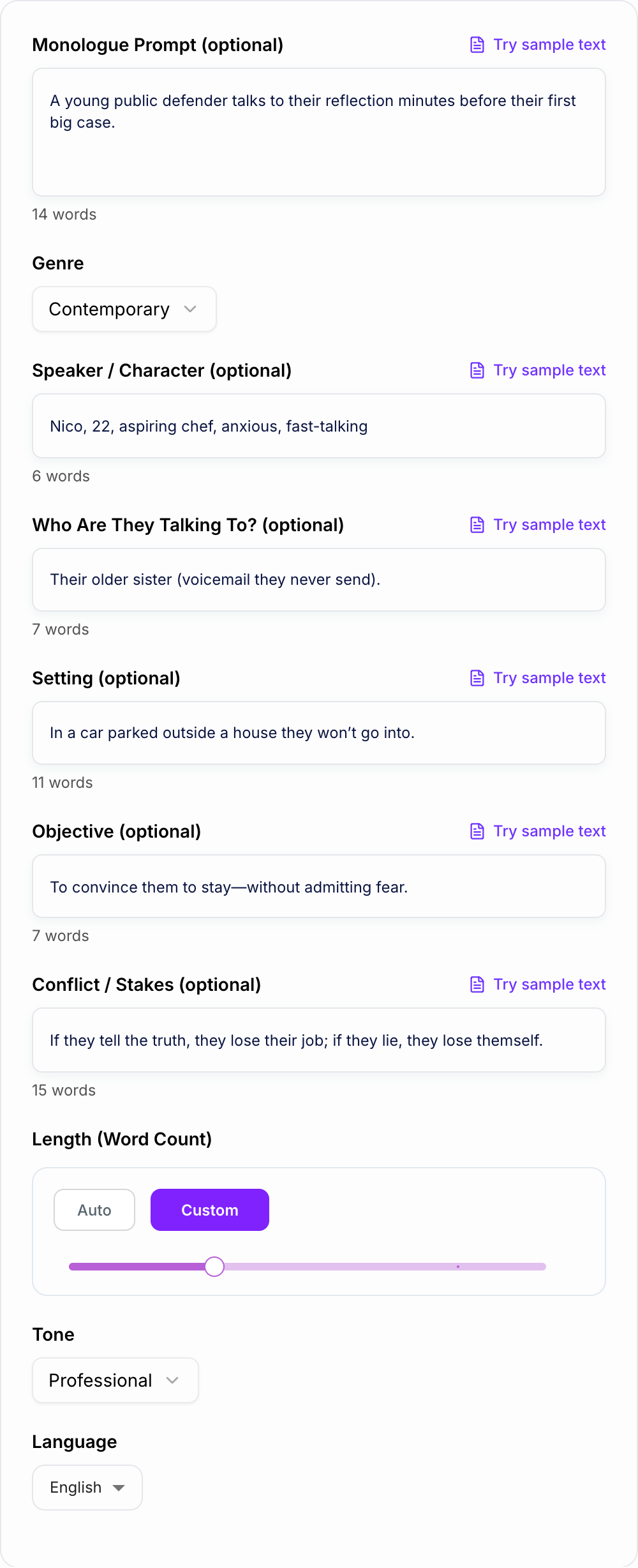 Screenshot of the AI Monologue Generator workspace