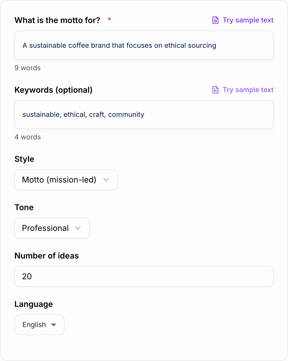 Screenshot of the AI Motto Generator workspace