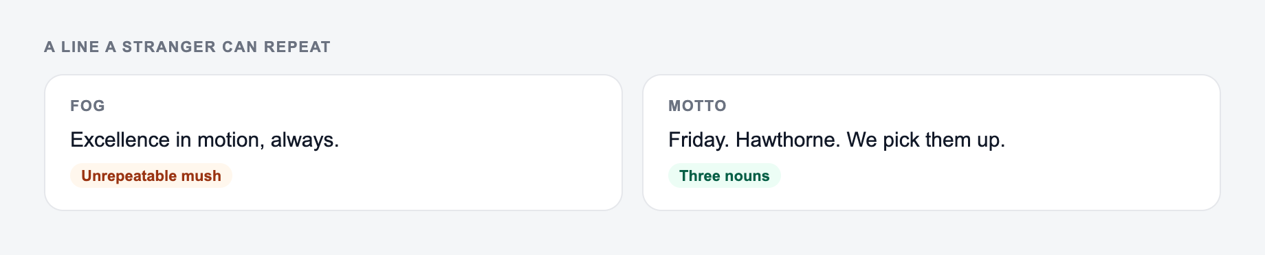Screenshot from the AI Motto Generator showing a motto a stranger can repeat, versus Quality You Can Trust