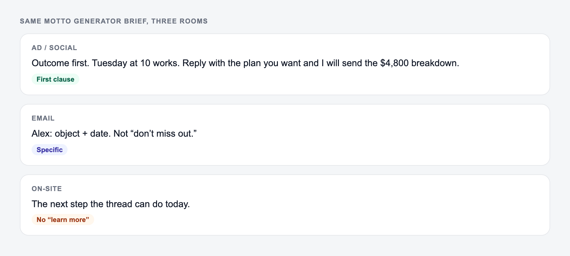 Screenshot of three use-case cards for the Motto Generator showing how the same brief should change across rooms, including the email thread