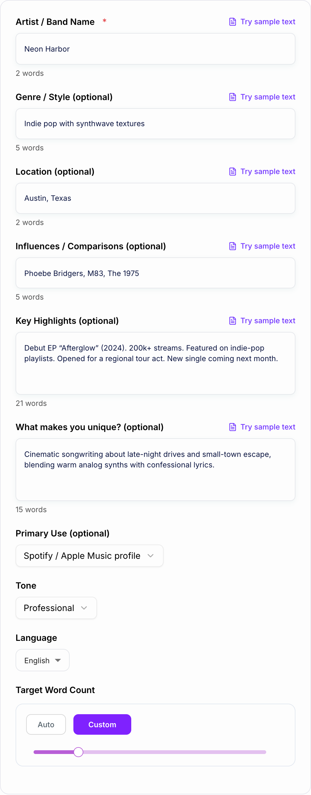 Screenshot of the AI Musician Bio Generator workspace