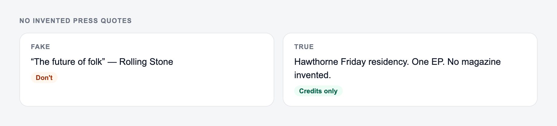 Screenshot from the AI Musician Bio Generator showing a musician bio a publicist can use, with a credit and a city