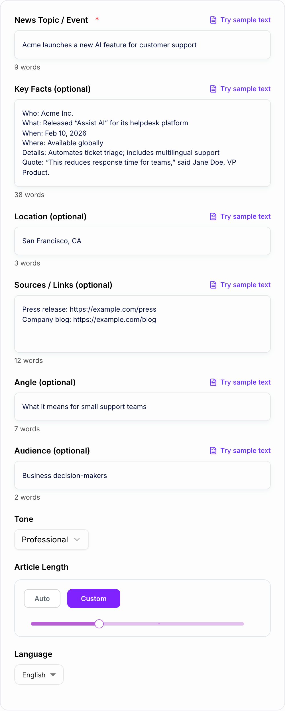 Screenshot of the AI News Article Generator form