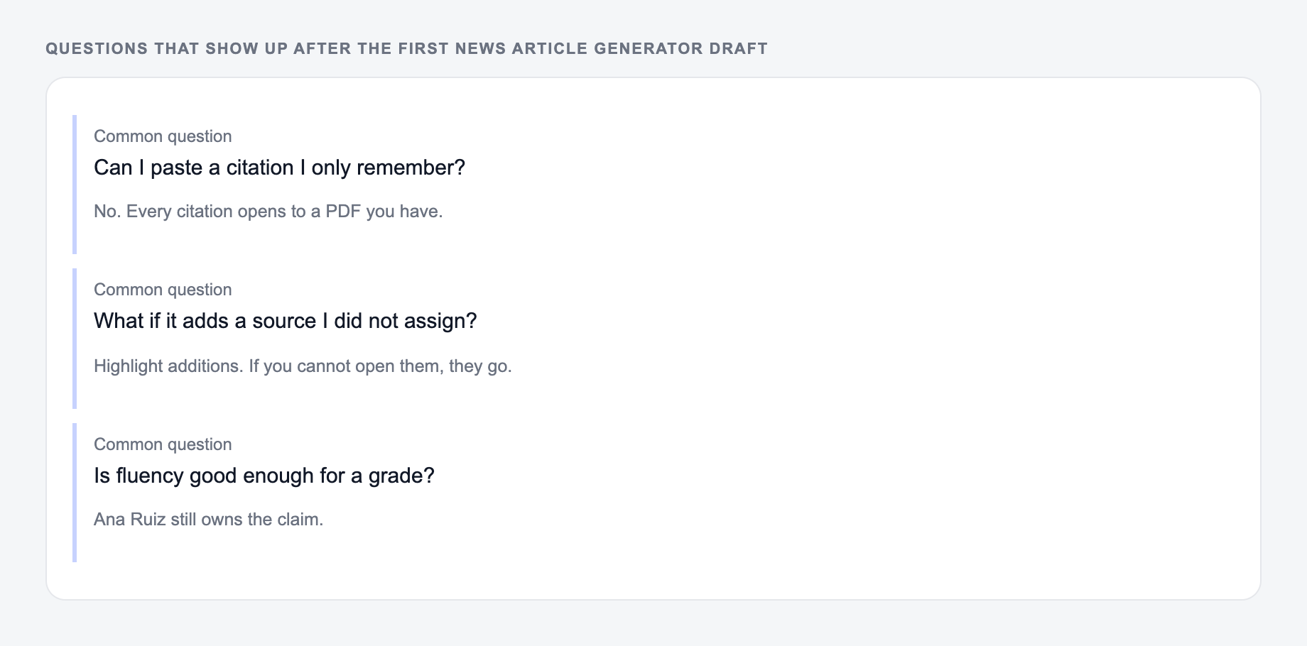 Screenshot of three common questions people ask after generating with the News Article Generator, including what to lock (author names, year, and the DOI) and when to stop
