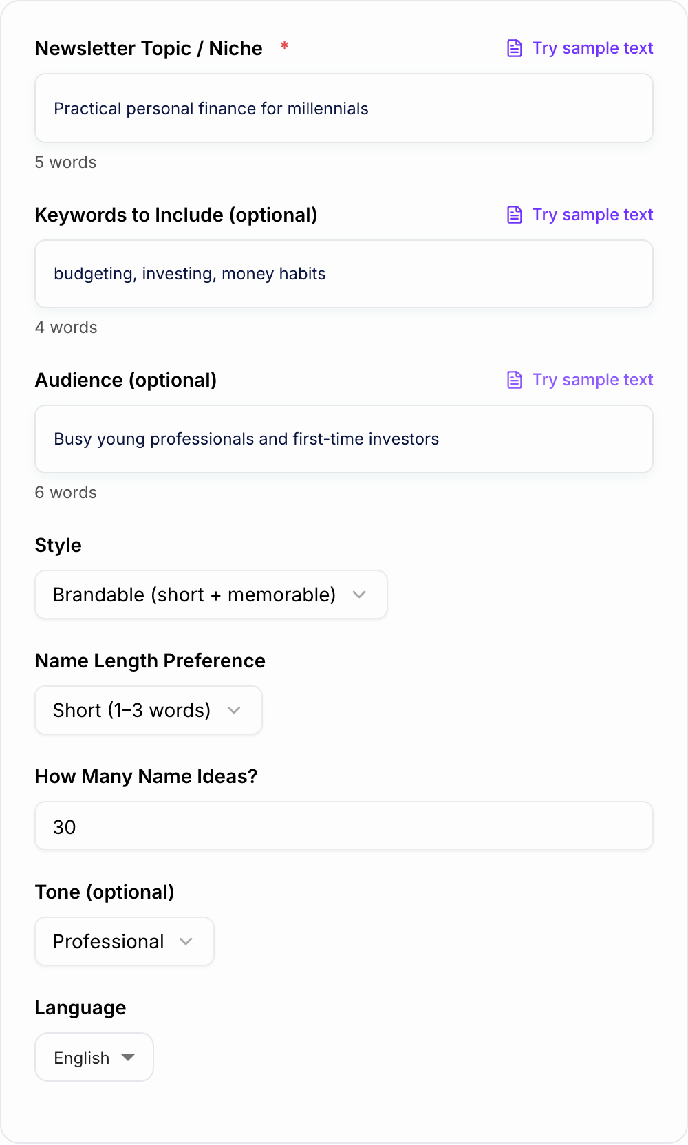 Screenshot of the AI Newsletter Name Generator workspace