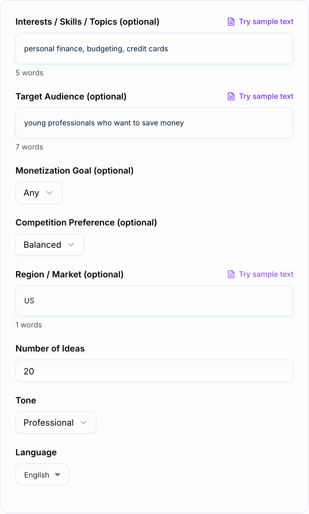 Screenshot of the AI Niche Idea Generator form with skills, audience, and constraints filled in