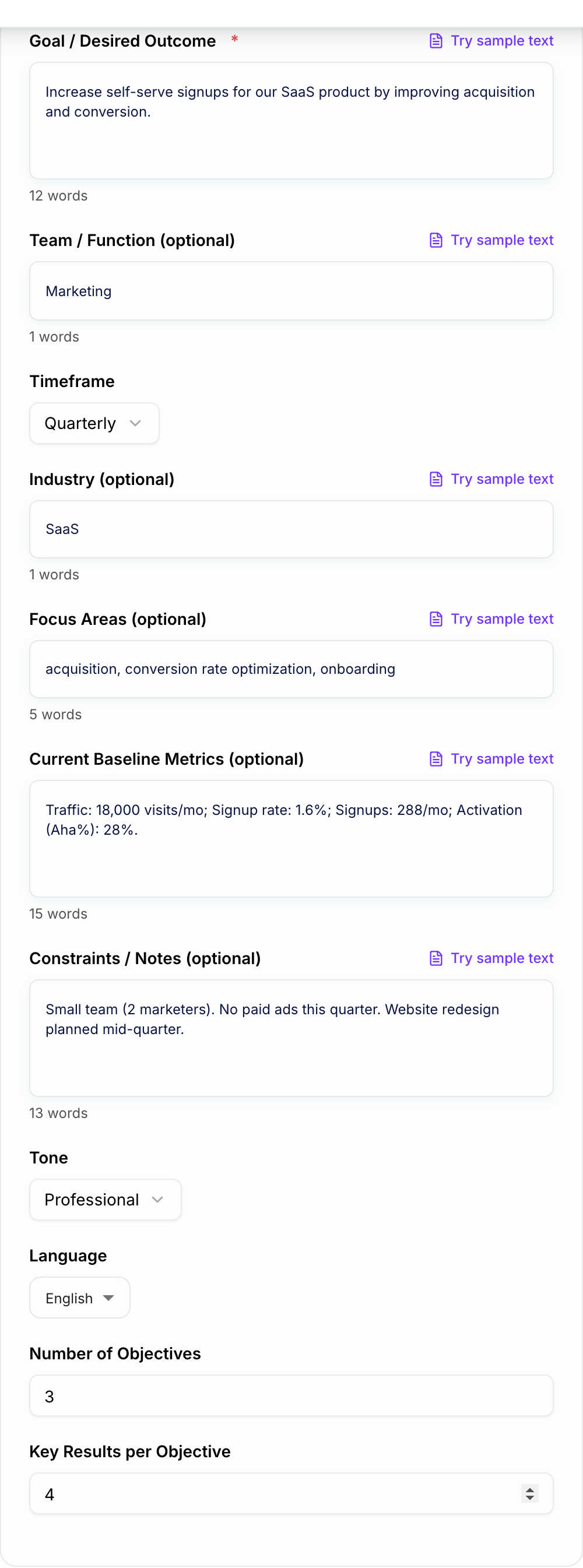 Screenshot of the AI OKR Generator form with objective, timebox, and team filled in