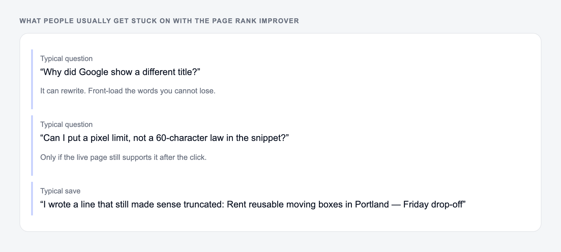 Screenshot of three review notes about the Page Rank Improver