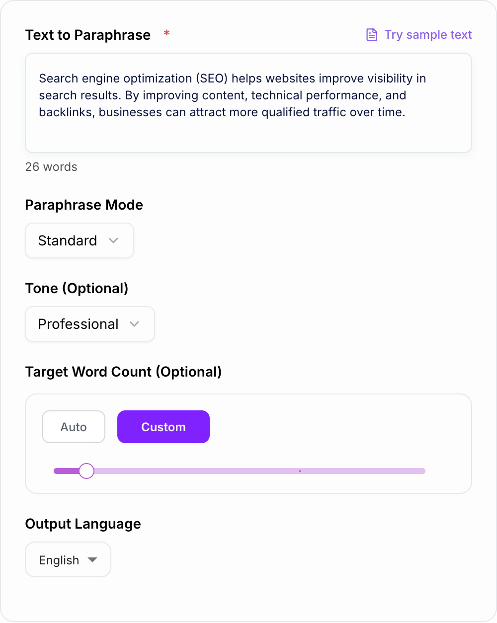 Screenshot of the AI Paraphraser form