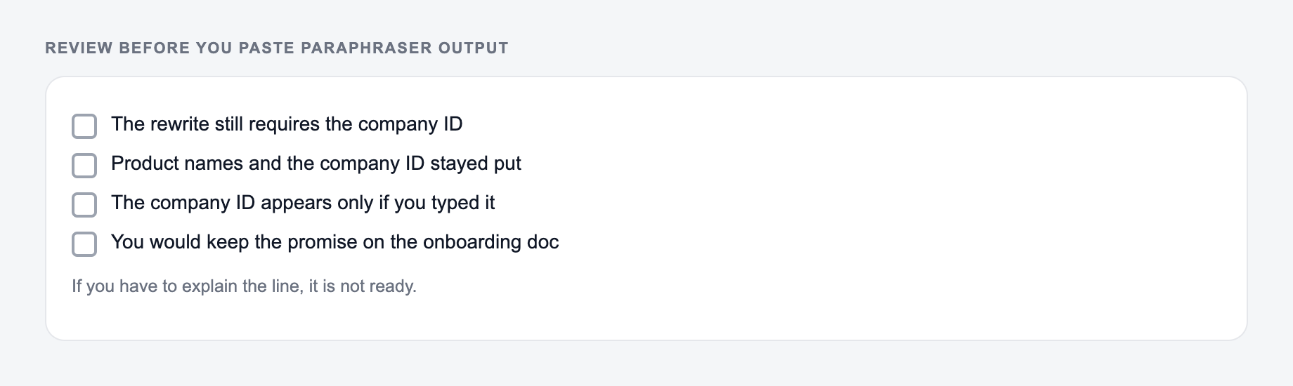 Screenshot of a four-item review checklist for Paraphraser output, covering what must stay true and what the draft is not allowed to invent