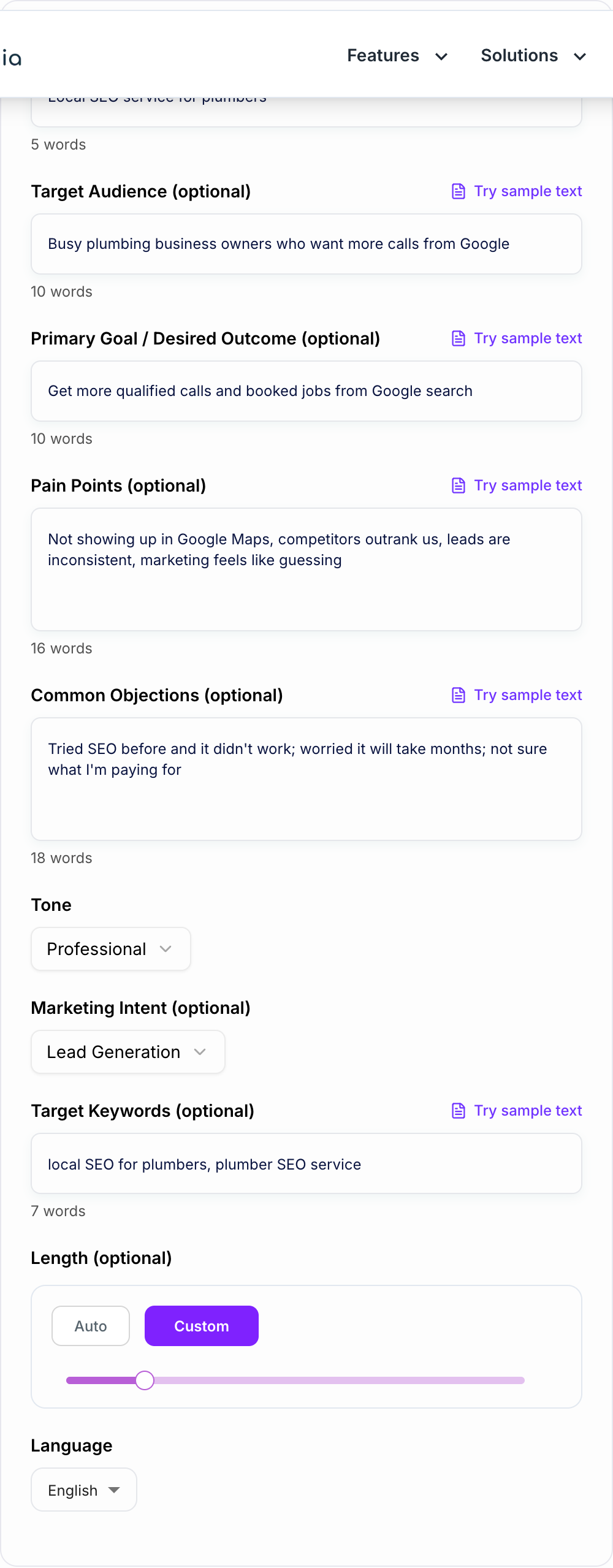 Screenshot of the AI PAS Framework Generator form with problem, audience, and offer filled in