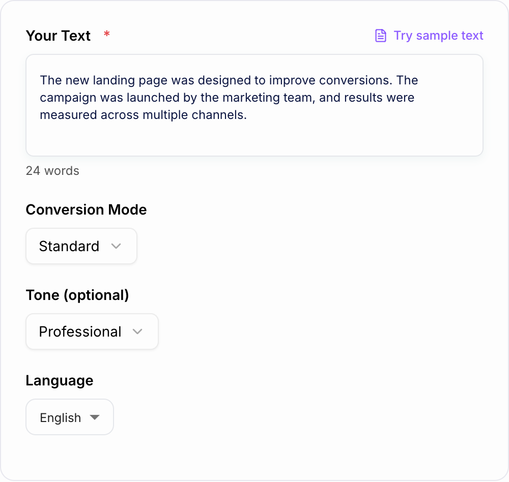 Screenshot of the Passive to Active Voice Converter workspace