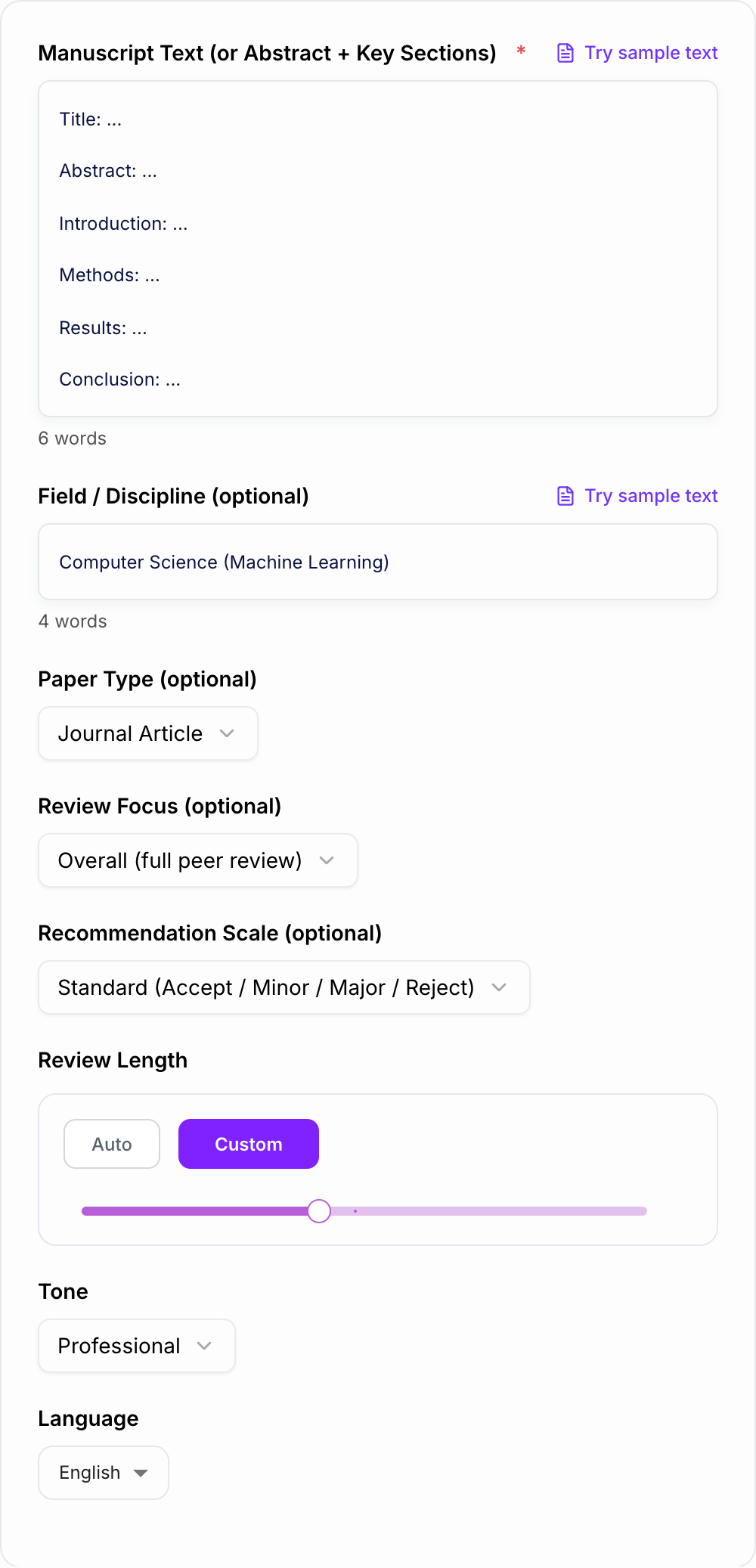 Screenshot of the AI Peer Review Generator form