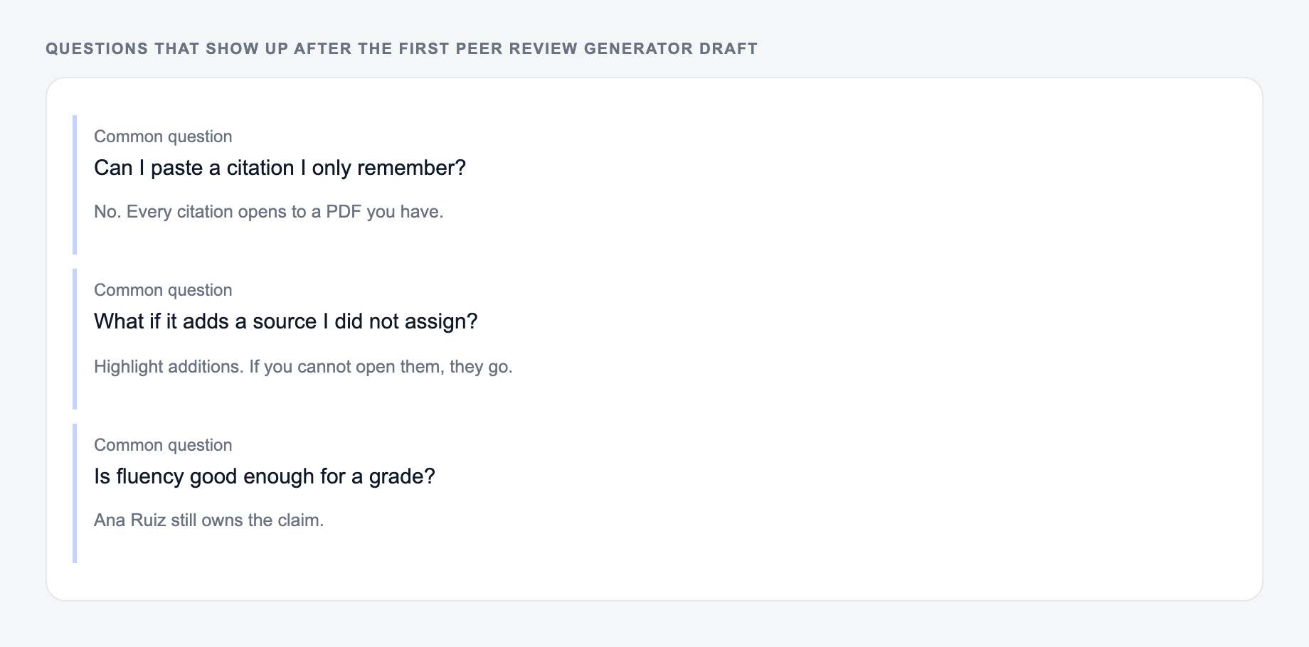 Screenshot of three common questions people ask after generating with the Peer Review Generator, including what to lock (author names, year, and the DOI) and when to stop