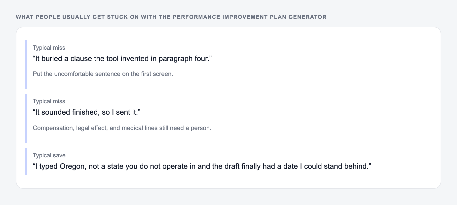 Screenshot of three review notes about the Performance Improvement Plan Generator, including a complaint that the draft invented a clause the tool invented and a save that locked Oregon and the 14-day notice