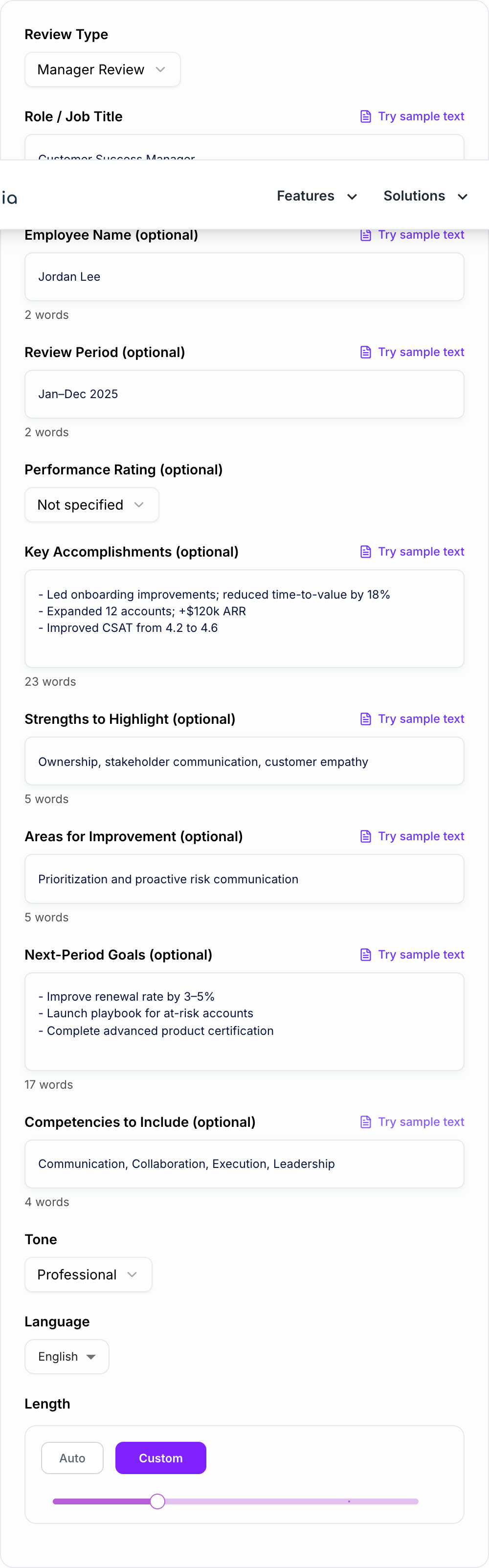 Screenshot of the AI Performance Review Generator form