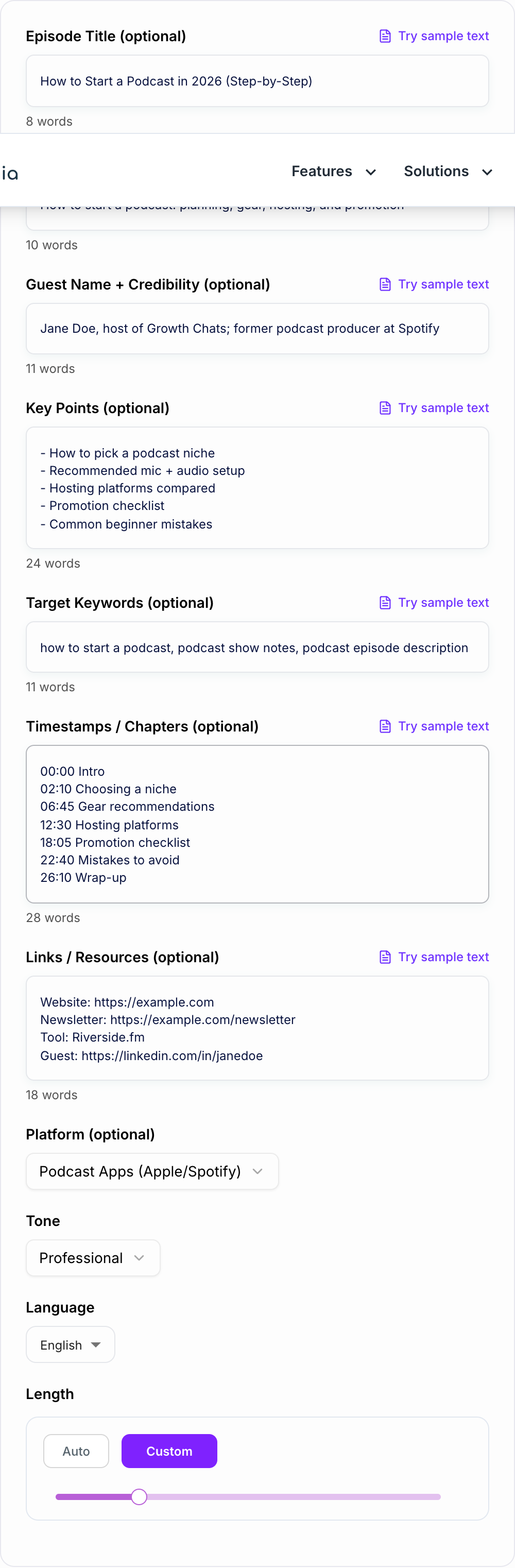 Screenshot of the AI Podcast Episode Description Generator form
