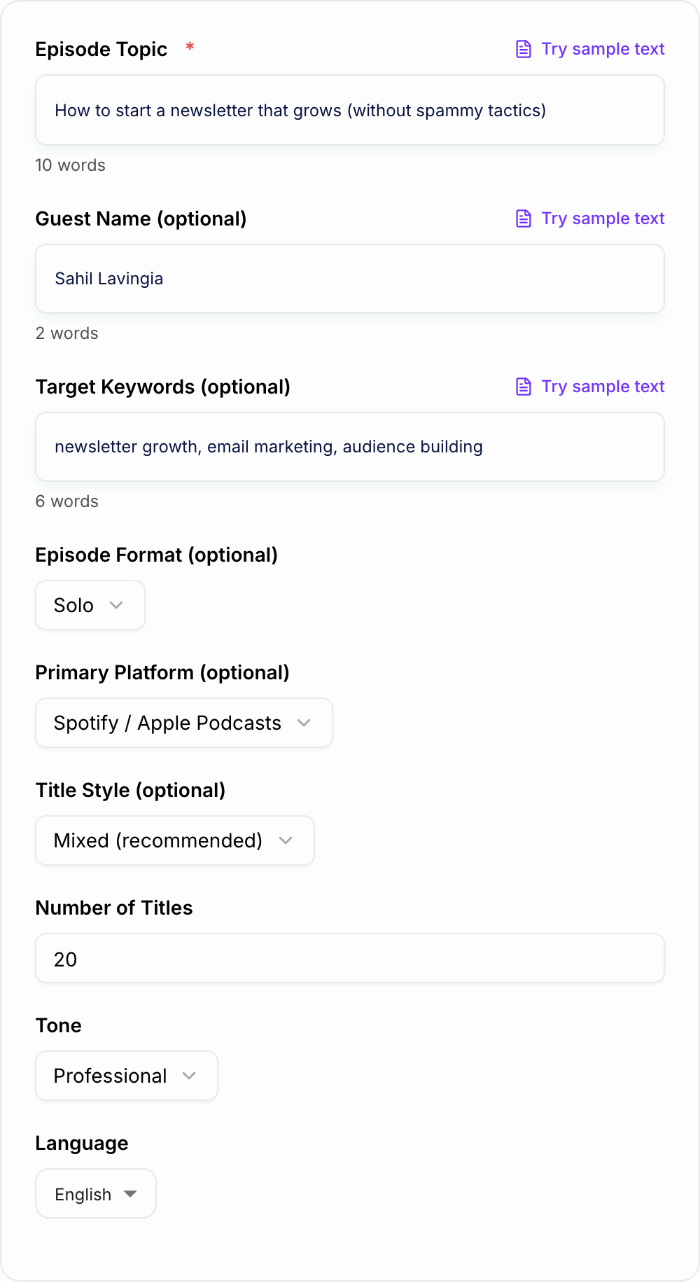 Screenshot of the AI Podcast Episode Title Generator workspace