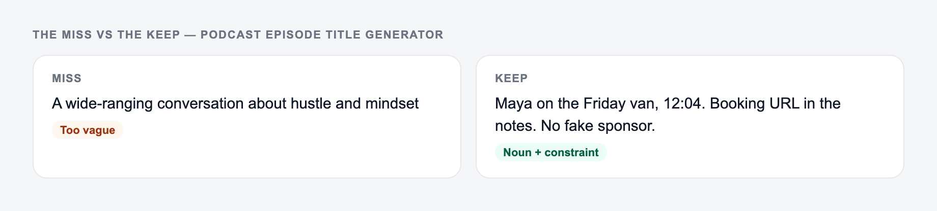 Screenshot comparing a weak Podcast Episode Title Generator brief (“A wide-ranging conversation about hustle and mindset”) with a stronger one that names chapter timestamps and times come from the file you pasted