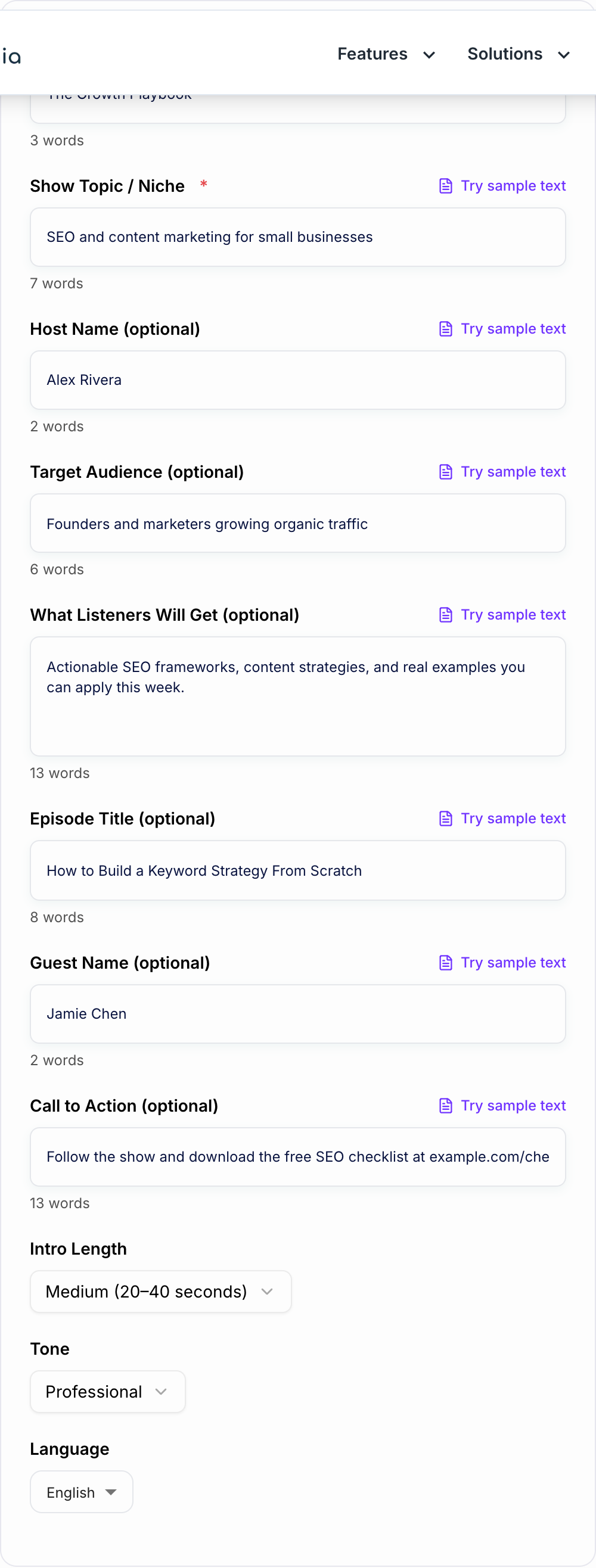 Screenshot of the AI Podcast Introduction Generator form with show name, episode topic, and intro type filled in