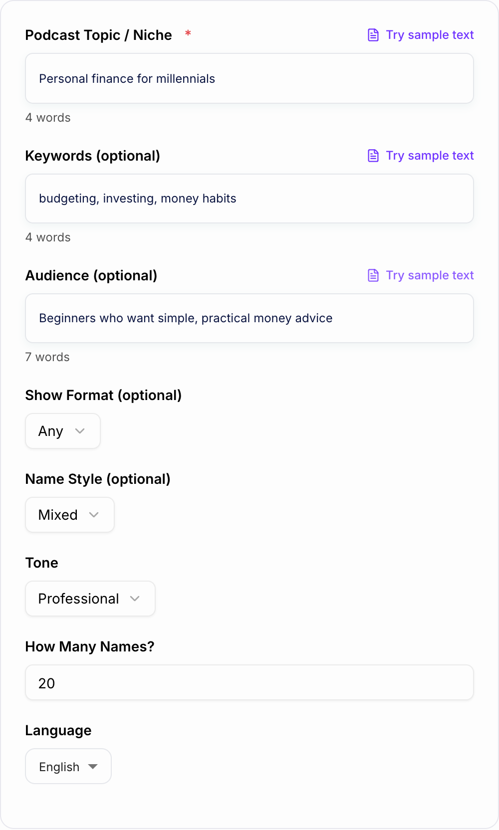 Screenshot of the AI Podcast Name Generator form with niche, audience, and naming style filled in