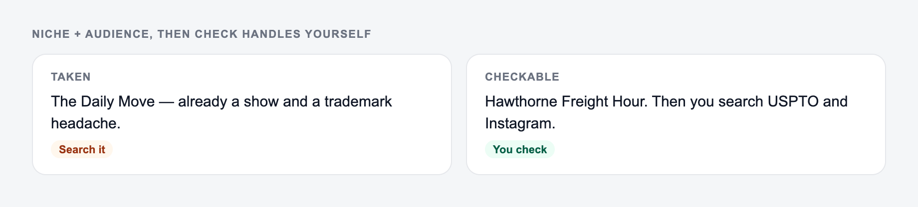 Screenshot from the AI Podcast Name Generator showing a podcast name you can say, spell, and register