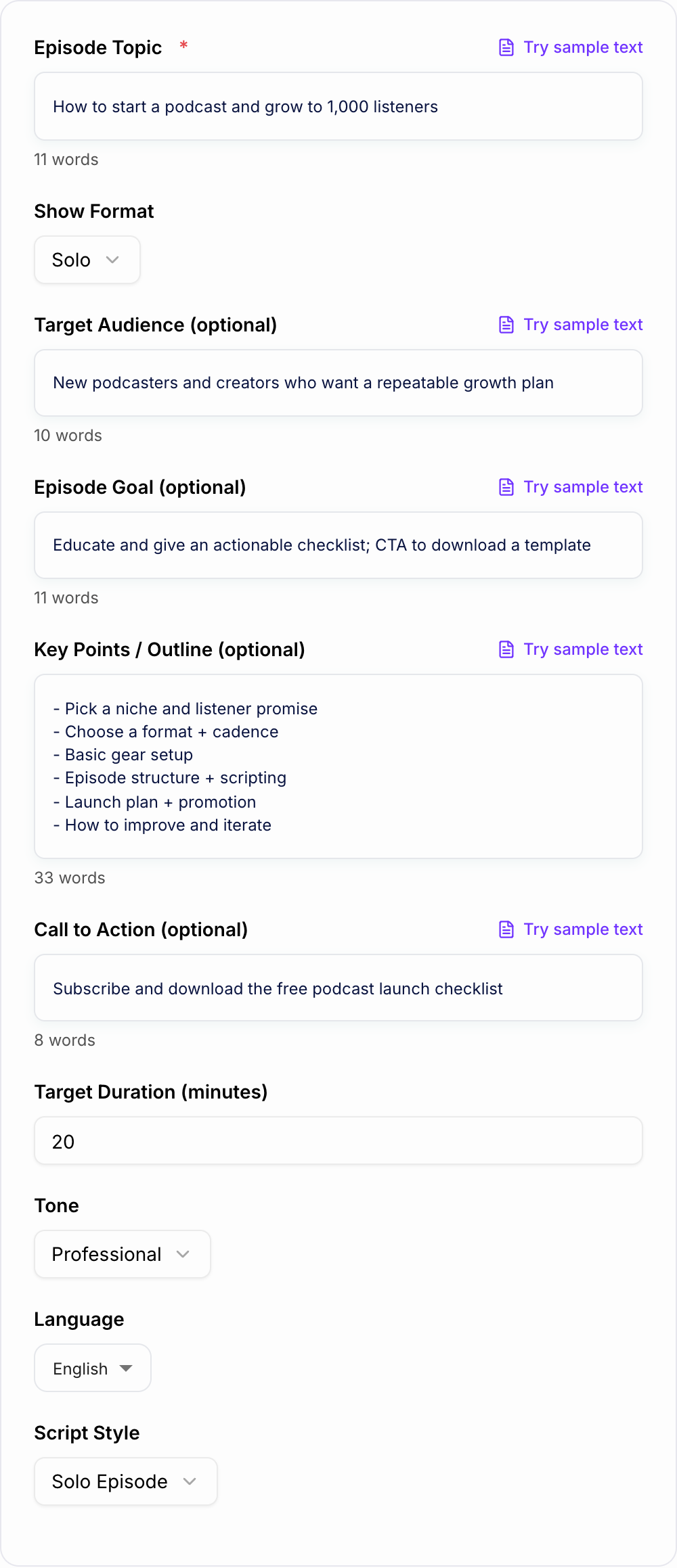 Screenshot of the AI Podcast Script Generator form with topic, format, and timebox filled in