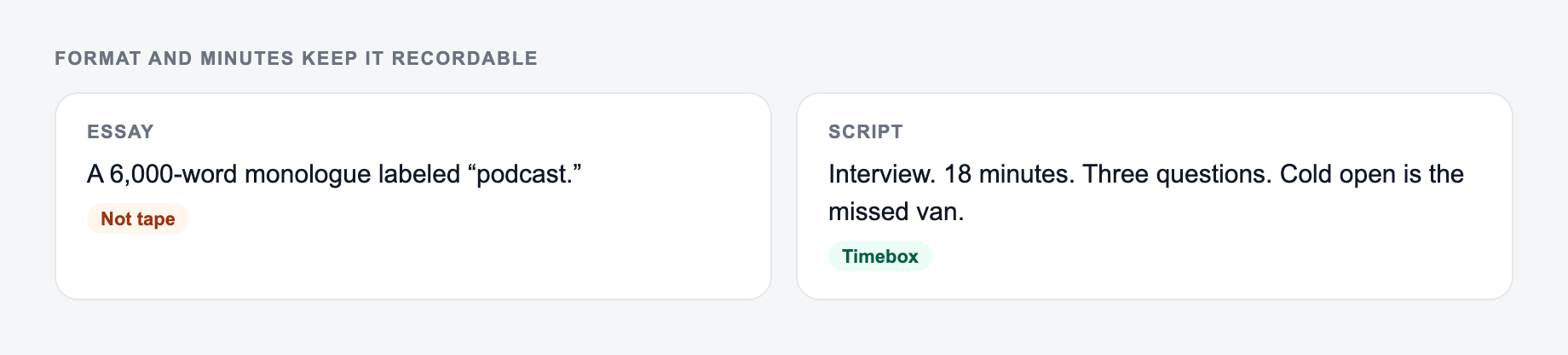 Screenshot from the AI Podcast Script Generator showing a podcast script you can say out loud, versus an essay